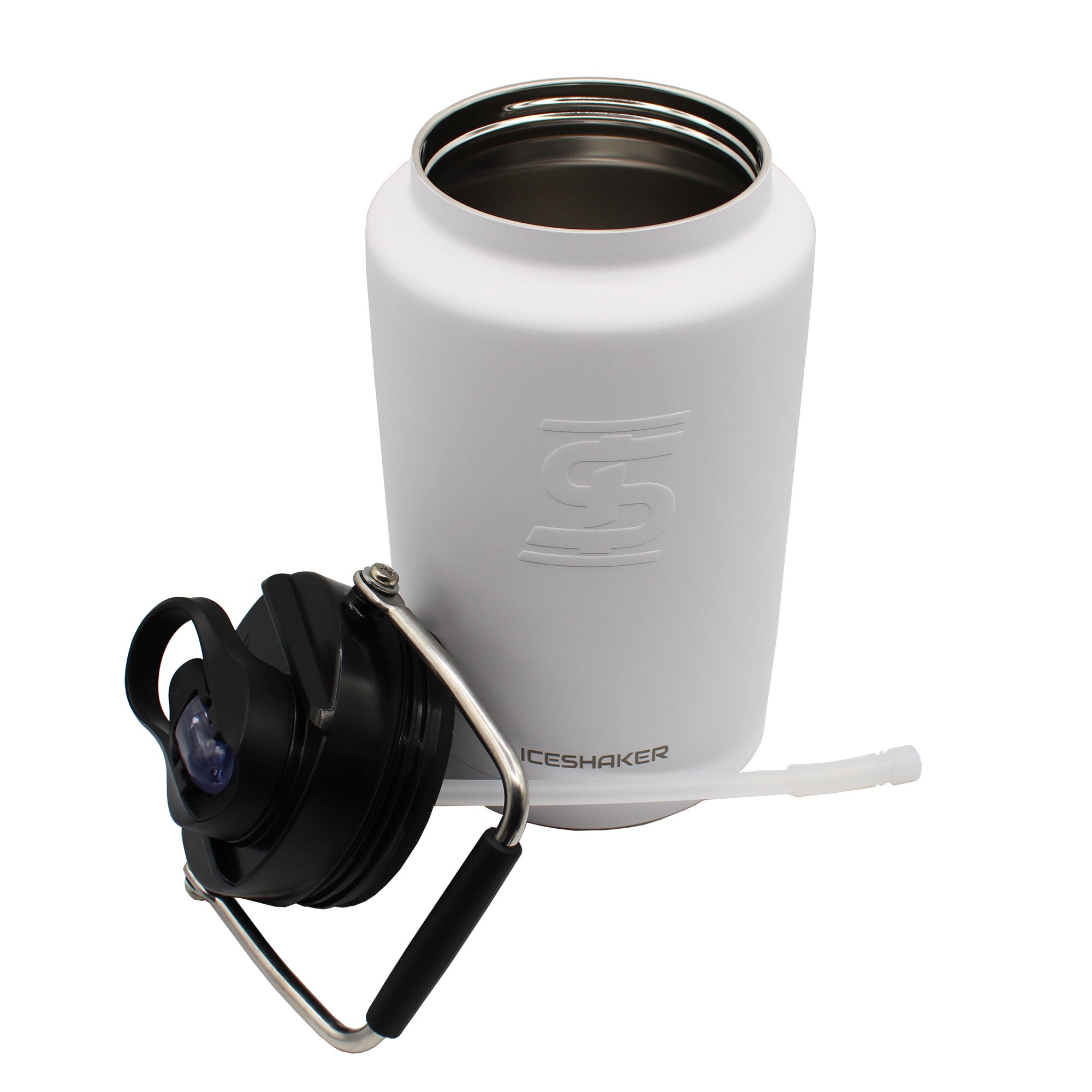 Ice Shaker's White One Gallon Jug with the Lid twisted off the jug. The image shows the inside of the jug being Stainless-Steel and the Jug's Lid is laying in front of the jug. There is an internal straw attached to the lid that is the length of the jug.